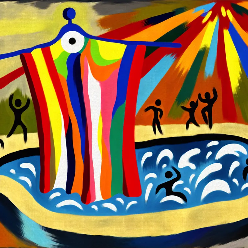 Een grote, kleurrijke handdoek hangt over de rand van een abstract zwembad, met vrolijke water-splash effecten op de achtergrond.