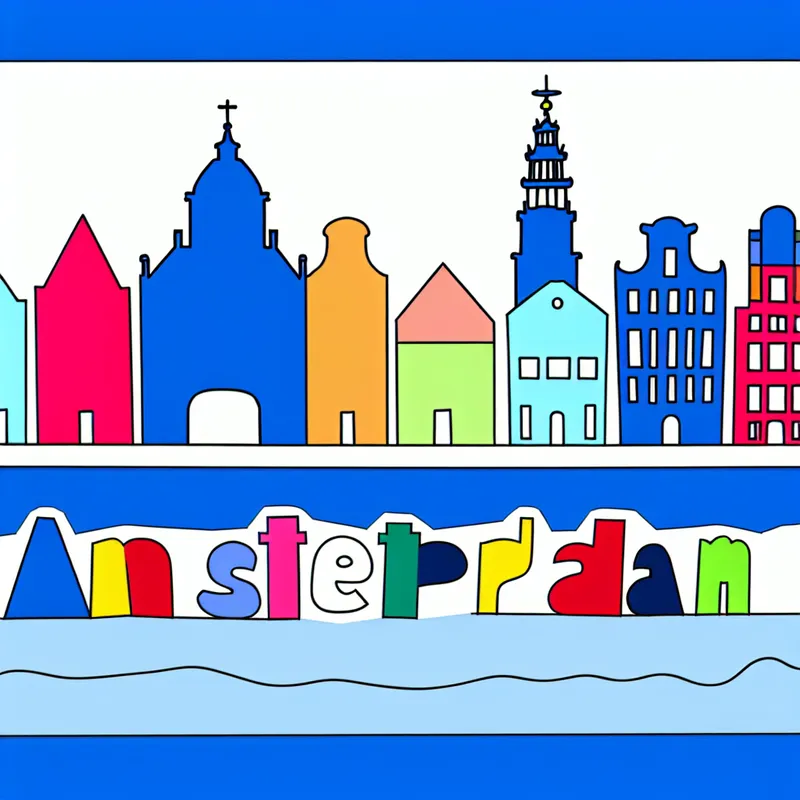 Minimalistische illustratie van de skyline van Amsterdam met traditionele Nederlandse huizen en kanalen, en de naam 'Amsterdam' in speelse typografie.