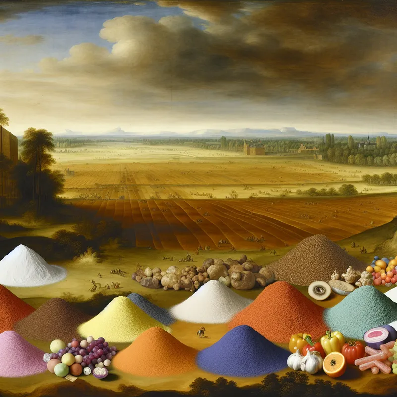 Een majestueus landschap met een uitgestrekt veld vol kleurrijke ingrediënten zoals bloem, suiker en fruit, die de concepten van 'stof' als massa materialen vertegenwoordigen.