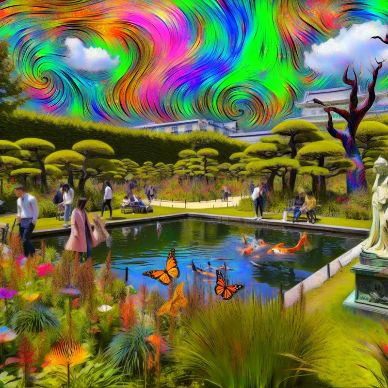 Kleurrijke Japanse tuin in een stadspark met bloeiende bloemen, een vijver en speelse sculpturen