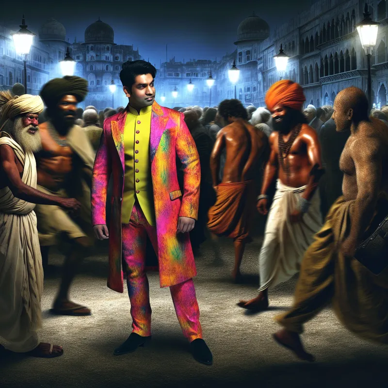 Een man in een kleurrijke jas staat uitgelicht in een druk stadsplein, omringd door andere mensen met saaie kleding.