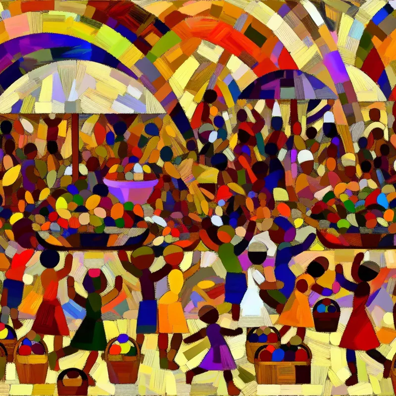 Abstracte kleurrijke markt met mensen die gratis producten verkennen, geïnspireerd door Karel Appel.