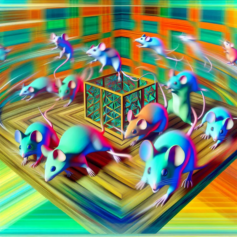 Een retro-futuristische afbeelding van kleurrijke muizen die chaotisch bewegen in een geometrisch hok.