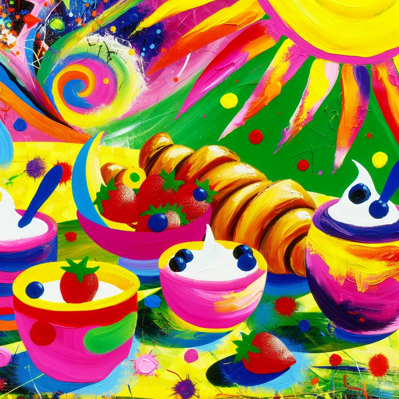 Kleurrijke en speelse ontbijtscene met croissants, yoghurt en vers fruit, geïnspireerd door Karel Appel