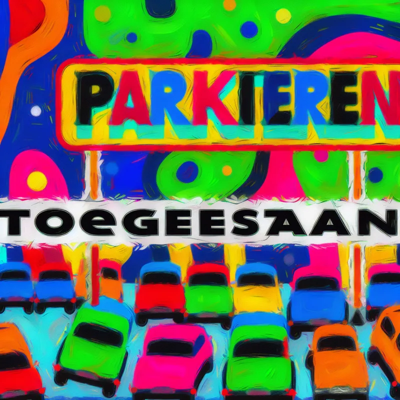 Abstracte afbeelding van een levendige parkeerplaats met kleurrijke auto's en de tekst 'Parkeren Toegestaan' in speelse lettertypen.