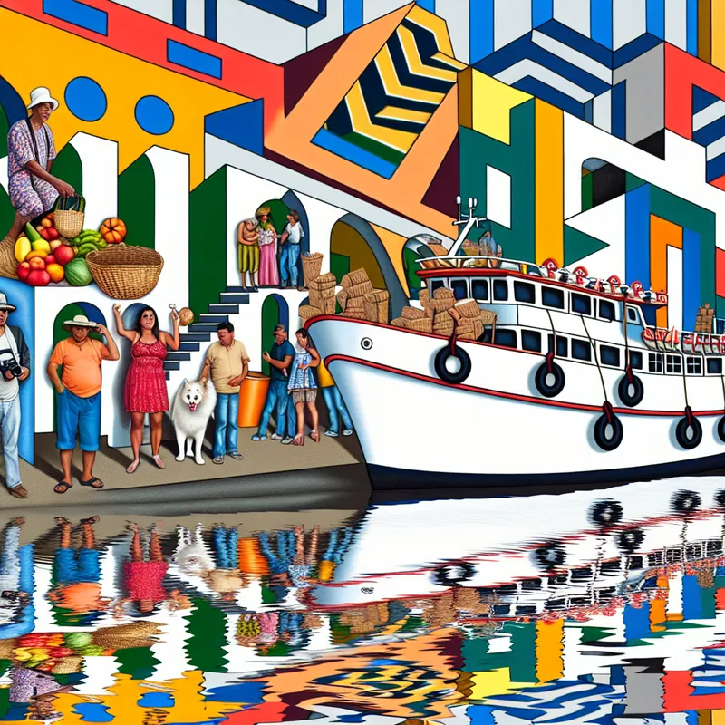 Een kleurrijke pont in een levendige haven met mensen die goederen lossen en toeristen die inchecken.