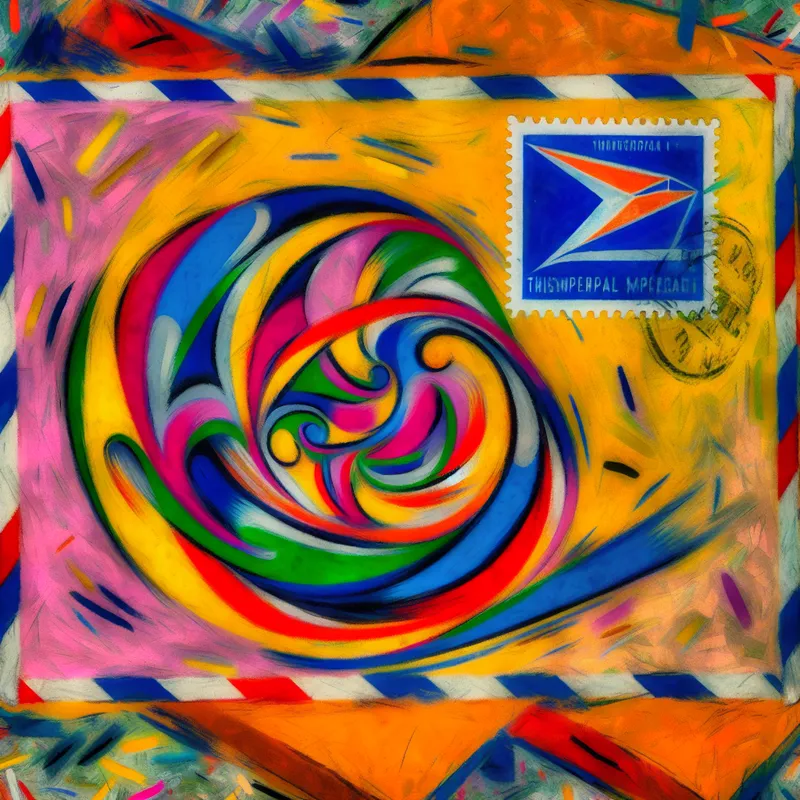 Een kleurrijk pakket met een artistieke postzegel, omringd door levendige kleuren en abstracte vormen.