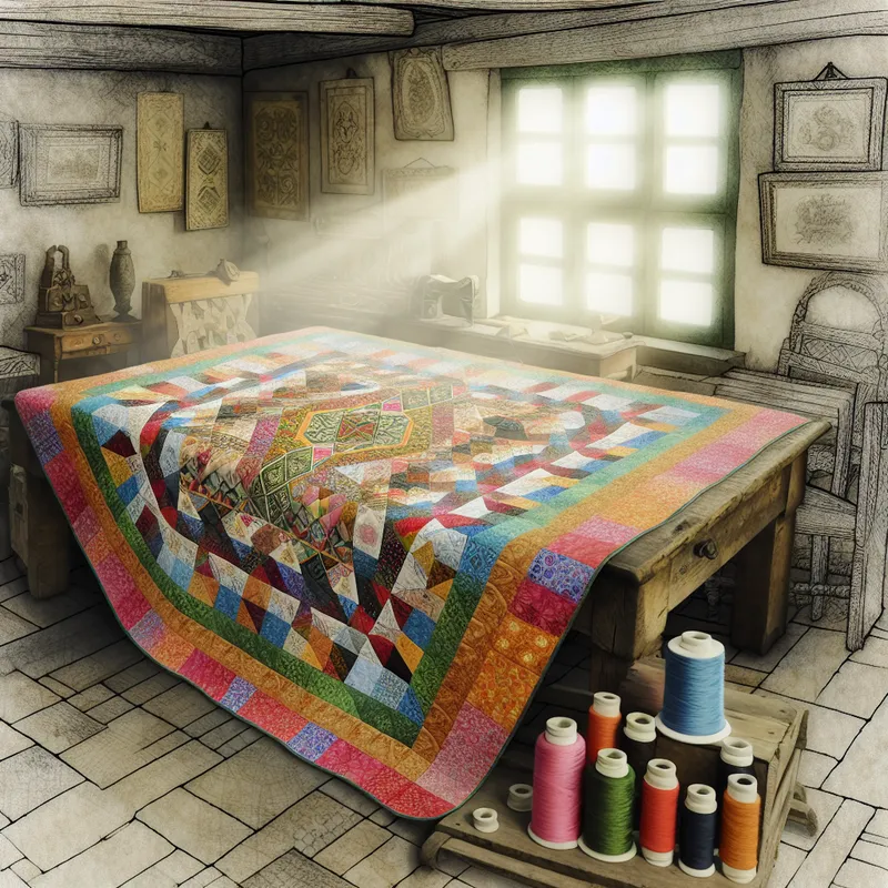 Een kleurrijk en gedetailleerd quilt ligt op een vintage houten tafel, omringd door spools draad.