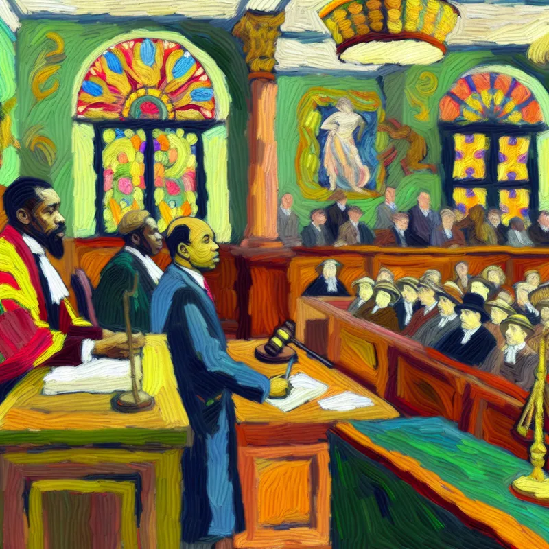 Een getuige staat zelfverzekerd voor een rechter in een kleurrijke rechtszaal