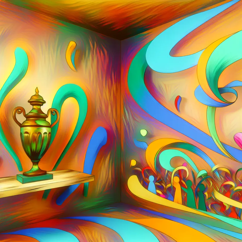 Een grote, kleurrijke trofee op een plank in een abstracte en levendige binnenruimte, omringd door feestelijke kleuren en patronen.