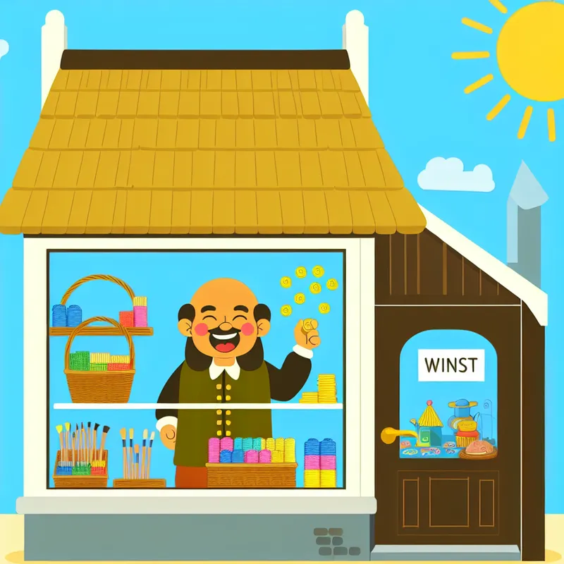 Een vrolijke en eenvoudige illustratie van een winkel die kleurrijke producten verkoopt, met een eigenaar die vrolijk geld telt.