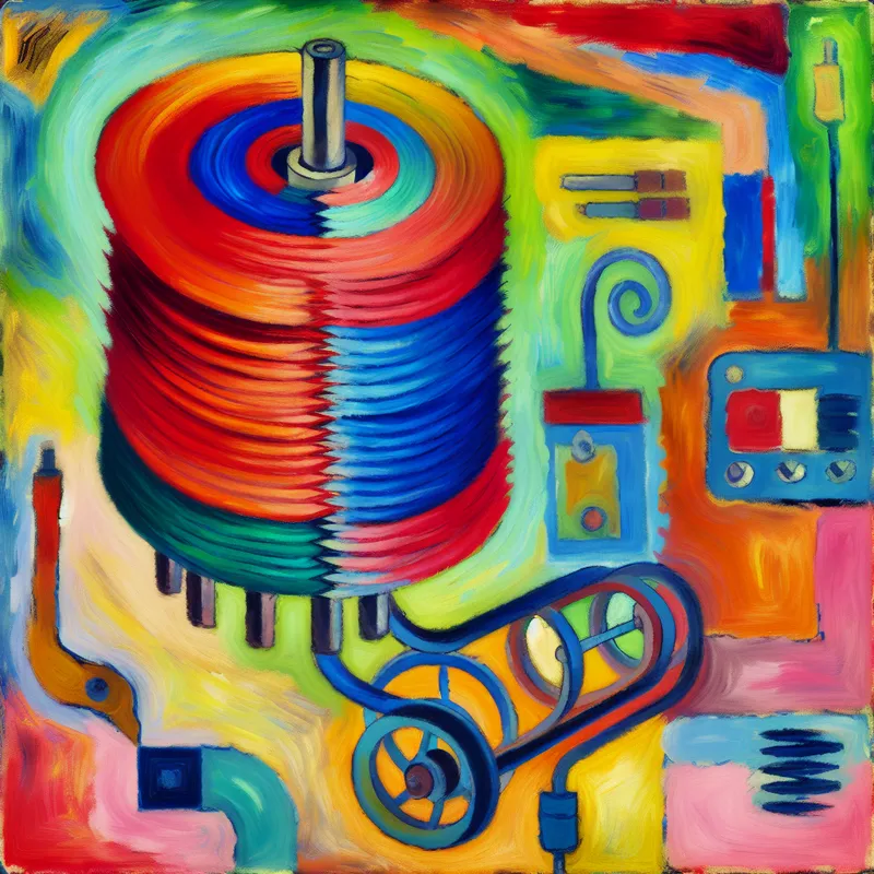 Abstracte kleurrijke illustratie van een grote spoel, geïnspireerd door Karel Appel, met energieke vormen en kleuren.