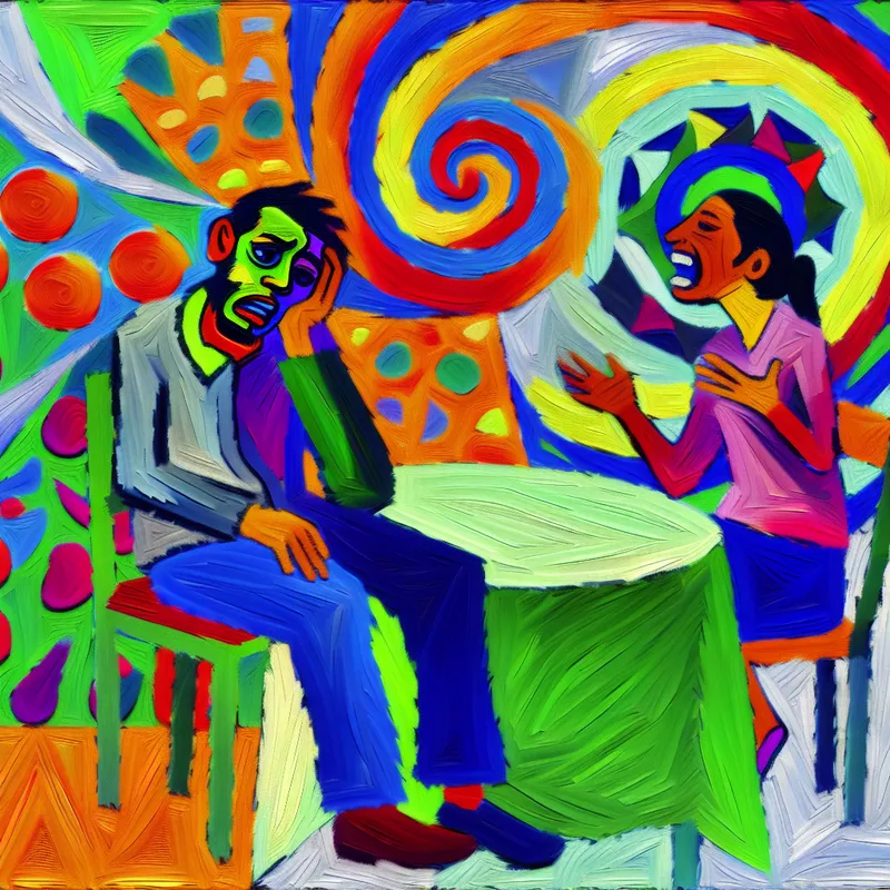 Een kleurrijke en abstracte afbeelding van een persoon die gefrustreerd aan een tafel zit, terwijl een andere persoon energiek praat en gebaart. De vermoeide uitdrukking van de eerste persoon symboliseert de uitputting door het gesprek.