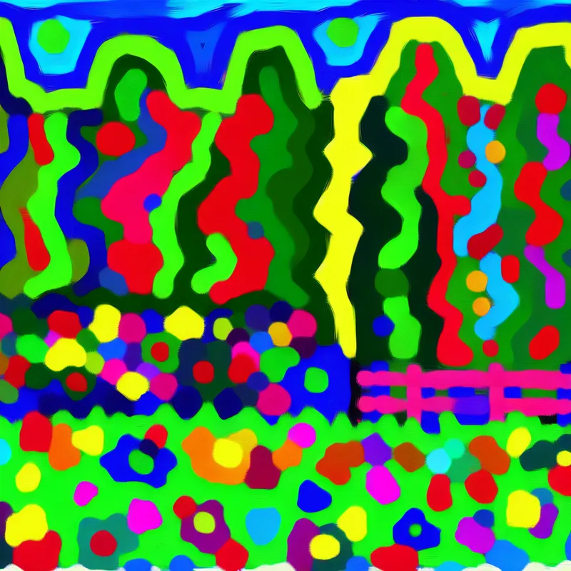 Abstract kleurrijke afbeelding van een grote haag in een tuin met levendige kleuren en vormen, ideaal voor privacy.