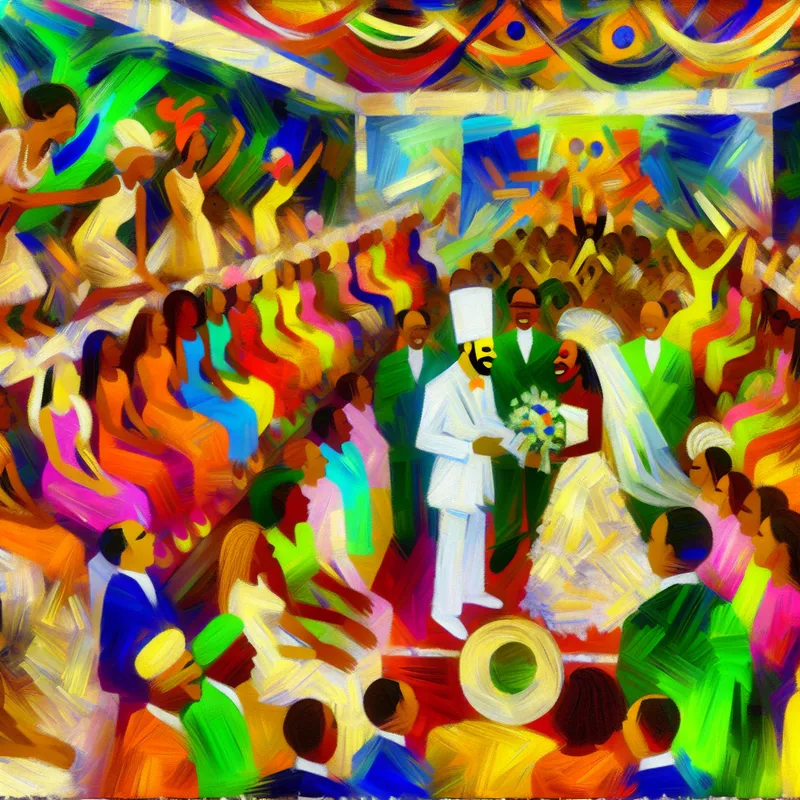Een kleurrijke en abstracte scène van een vreugdevolle huwelijksceremonie met een stralend paar in het middelpunt, omringd door gasten in levendige outfits.