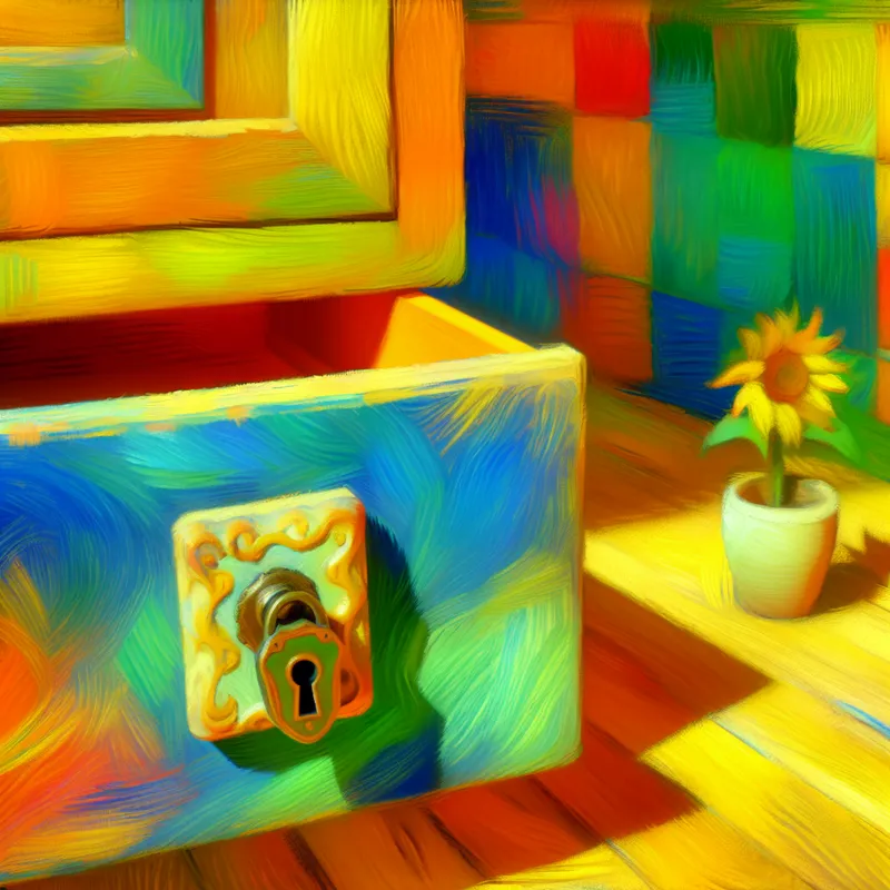 Een kleurrijke en dynamische binnenkant met een gedeeltelijk geopende lade in een houten kast, versierd met een oud maar mooi slot.