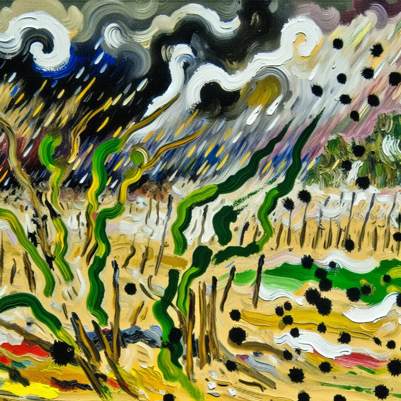 Abstract expressionistisch schilderij geïnspireerd door Willem de Kooning, dat de effecten van klimaatverandering op de natuur toont met chaotische en levendige penseelstreken.