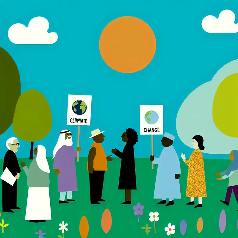 Minimalistische illustratie van een diverse groep mensen die bespreken over klimaatverandering, met bordjes met berichten over duurzaamheid.