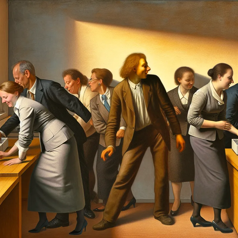 Collega's in formele kledij lachend na een bijeenkomst, met Rembrandt-stijl belichting