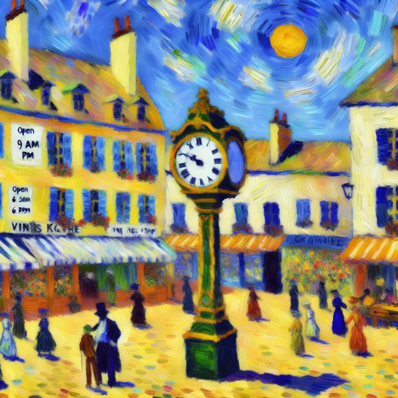 Een klok in een druk plein met een cobblestone pad, toont het tijdstip 14:30 en heeft kleurige bloemen op de achtergrond.