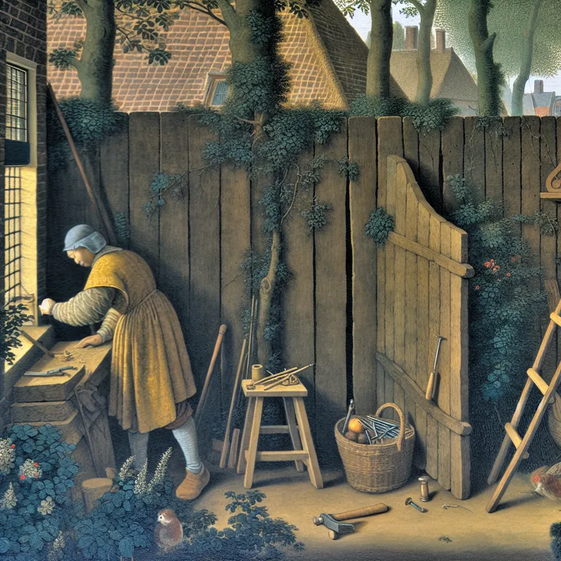 Man repareert houten schutting in rustige Nederlandse buurt, typisch klusje of betaald tijdelijk werk in Vermeer-stijl