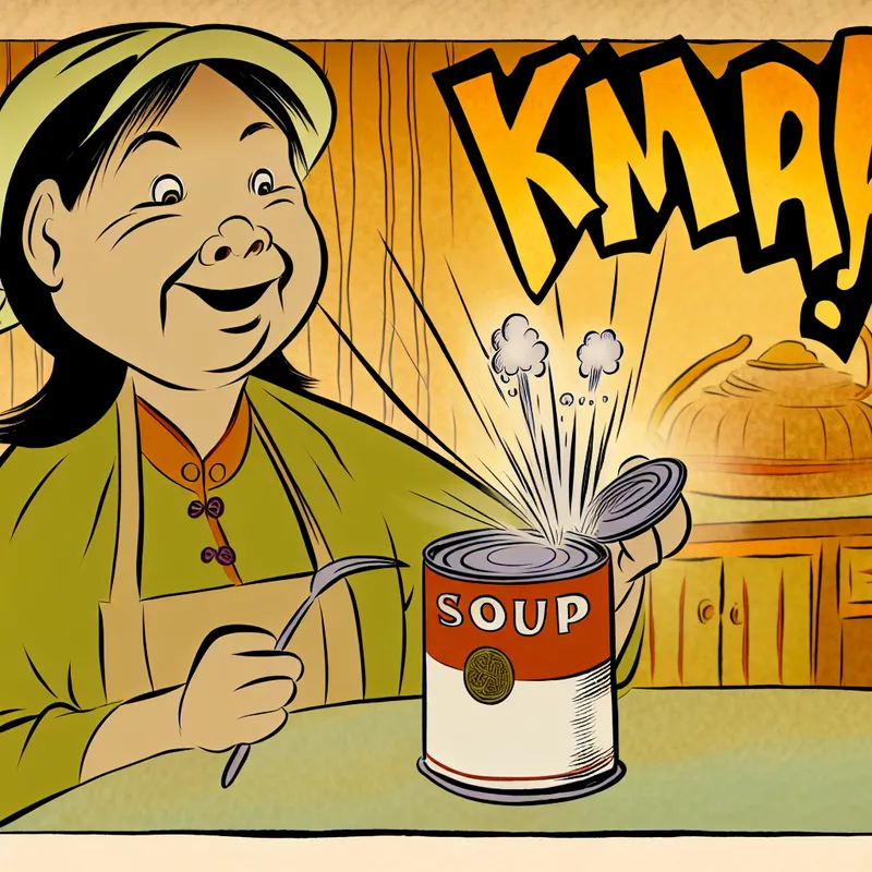 Vrolijke cartoonfiguur in gezellige keuken met blik soep dat met een 'KNAP!' geluid open springt