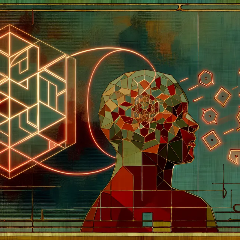 Persoon in retro-futuristische stijl kijkt geconcentreerd naar een gloeiend 3D-puzzel met ingewikkelde geometrische vormen, symboliserend voor een knap lastige taak