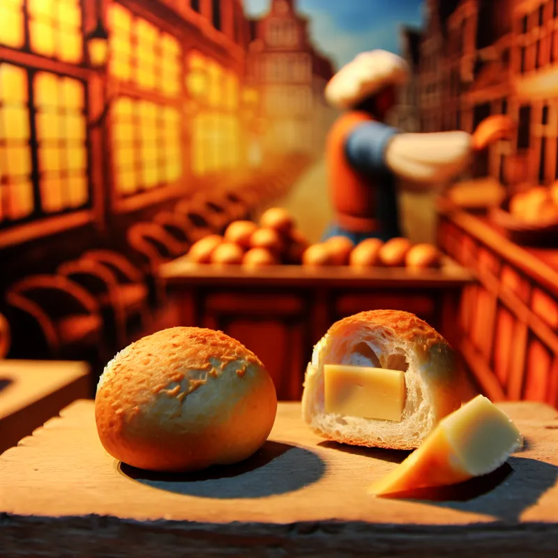 Twee ronde, knapperige broodjes (schuivers) op een houten bakkerstoonbank, één open met kaas, in een levendige Hollandse bakkerij in de stijl van Frans Hals