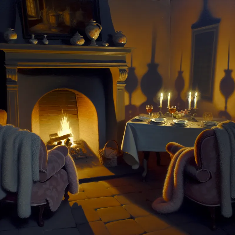 Een gezellige woonkamer met een knisperend haardvuur, zachte stoelen en dekens, en een romantisch gedekte tafel voor twee.