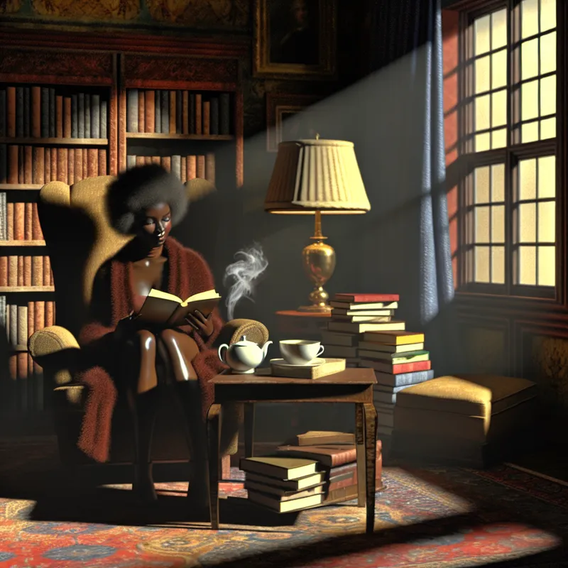 Een persoon die ontspannen leest in een sfeervolle woonkamer met boeken en zachte verlichting