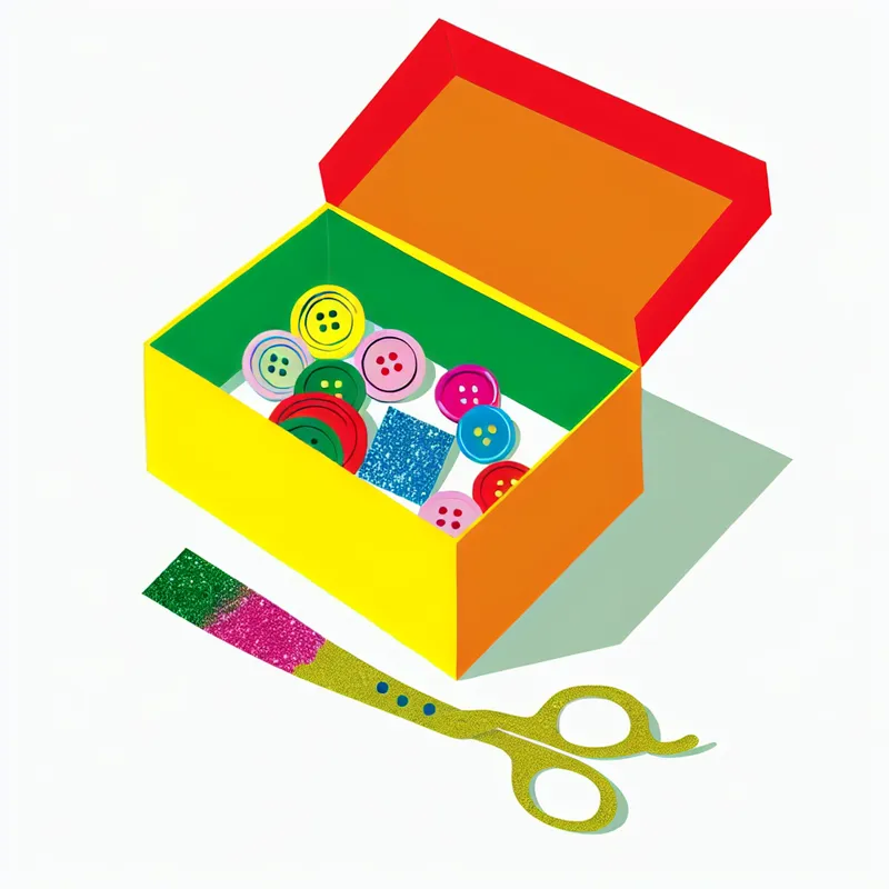 Minimalistische illustratie van een open doos gevuld met knutselmaterialen zoals kleurrijke knopen, glitters en scharen op een witte achtergrond.