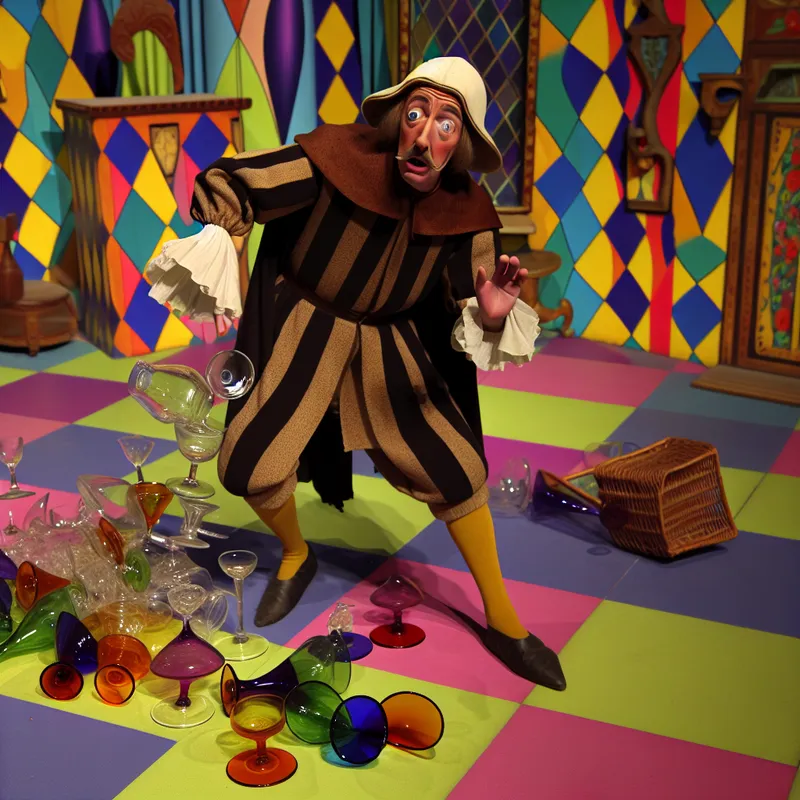 Een onhandige persoon die een stapel glazen probeert te dragen, met een bezorgde uitdrukking, omringd door gebroken, kleurrijke glazen en een levendig geruit vloerkleed.