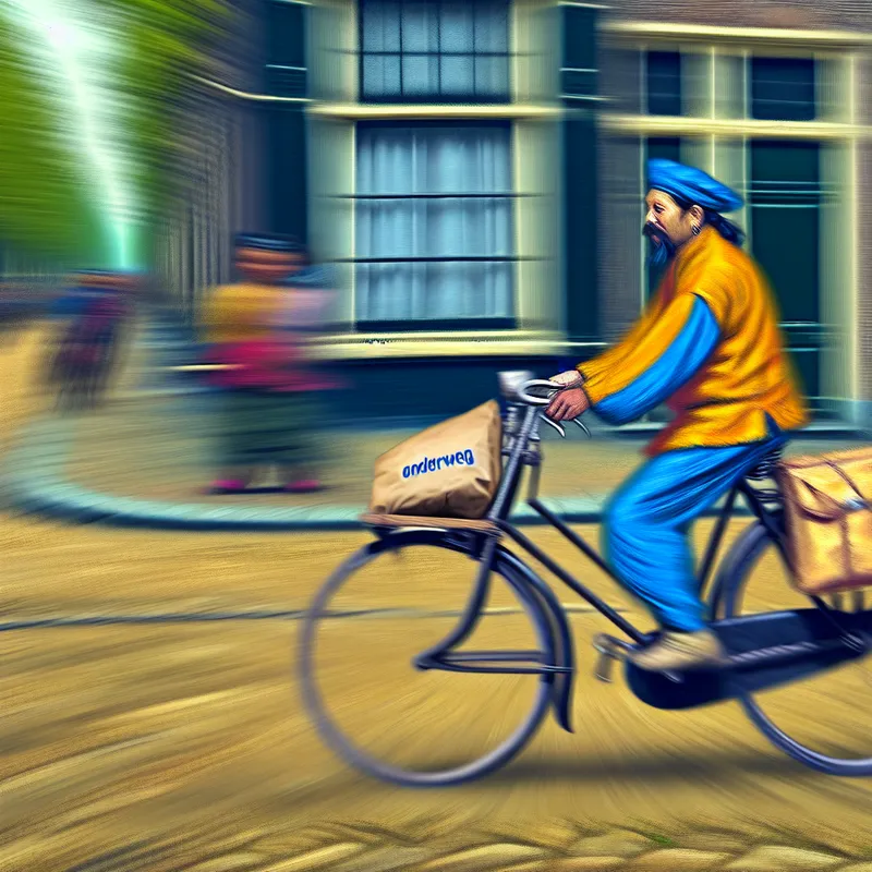 Koerier op een fiets met een pakket, dynamische stadsstraat met beweging en levendige kleuren, illustratie van 'onderweg' of 'in proces'