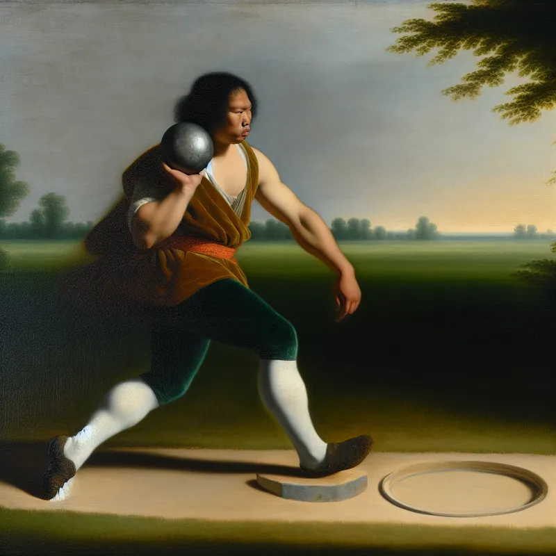 Atleet in historische kleding stoot kogel tijdens kogelstoten evenement in Vermeer-stijl schilderij