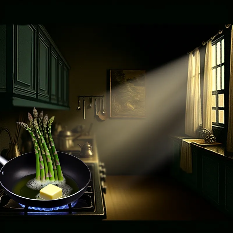 Verse groene asperges in een pan met gesmolten boter, verlicht door natuurlijk licht in een serene keuken.