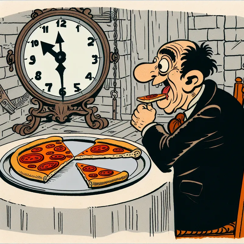 Cartoon van iemand die wacht aan een tafel met een klok, een pizza in drieën gedeeld, één stuk ontbreekt.