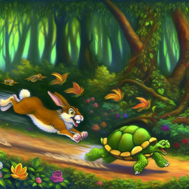 Een energiek konijn en een langzaam bewegende schildpad racen tegen elkaar in een levendige bossfeer.