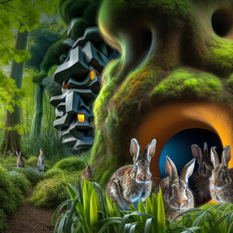 Hyper-realistisch beeld van een konijnenhol omgeven door groene struiken, met nieuwsgierige konijnen die voorzichtig naar buiten kijken.