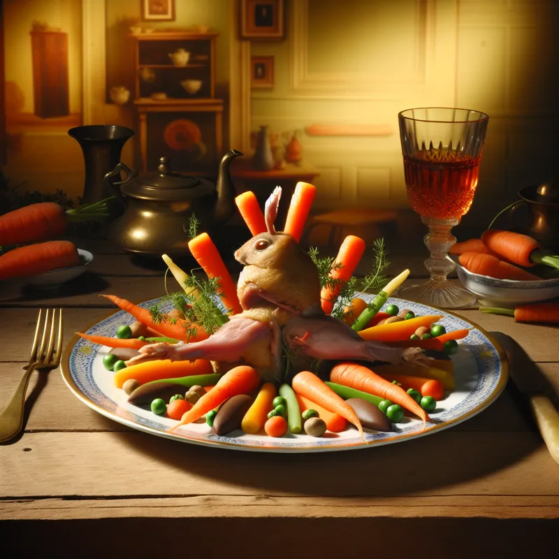 Mooi opgediend konijnenvlees met kleurrijke groenten op een rustieke tafel