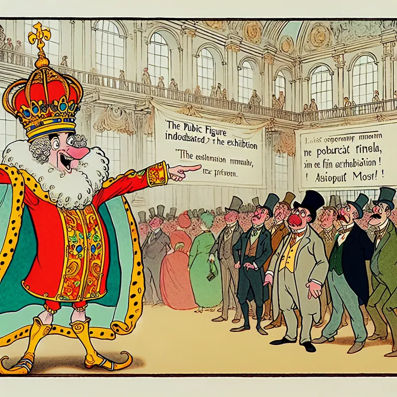 Koning in cartoonstijl wijst naar zichzelf met nadruk op zijn identiteit tijdens tentoonstelling