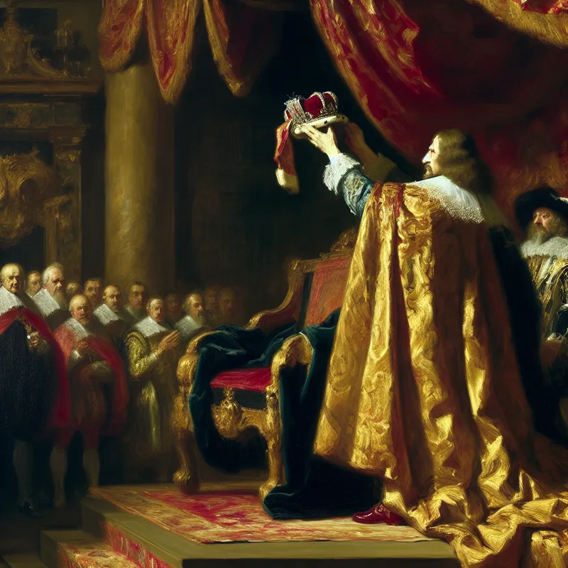 Koning doet afstand van zijn kroon in een formele ceremonie in een paleiszaal, symbolisch voor het opgeven van macht