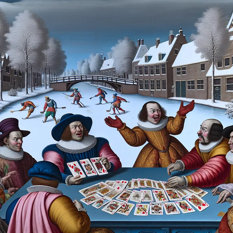 17e-eeuwse Nederlandse groep die kaart speelt met de koning van harten als winnende kaart in een levendige winterse setting