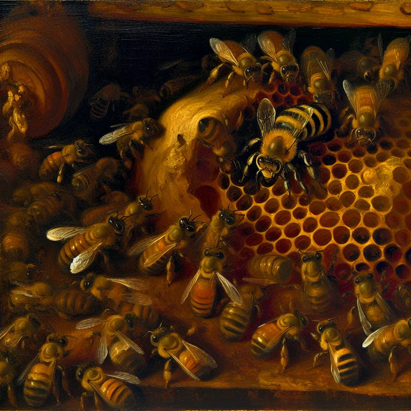 Gedetailleerde illustratie van een koningin bij in een bruisende bijenkorf, omringd door werkbijen terwijl ze eieren legt in honingraten