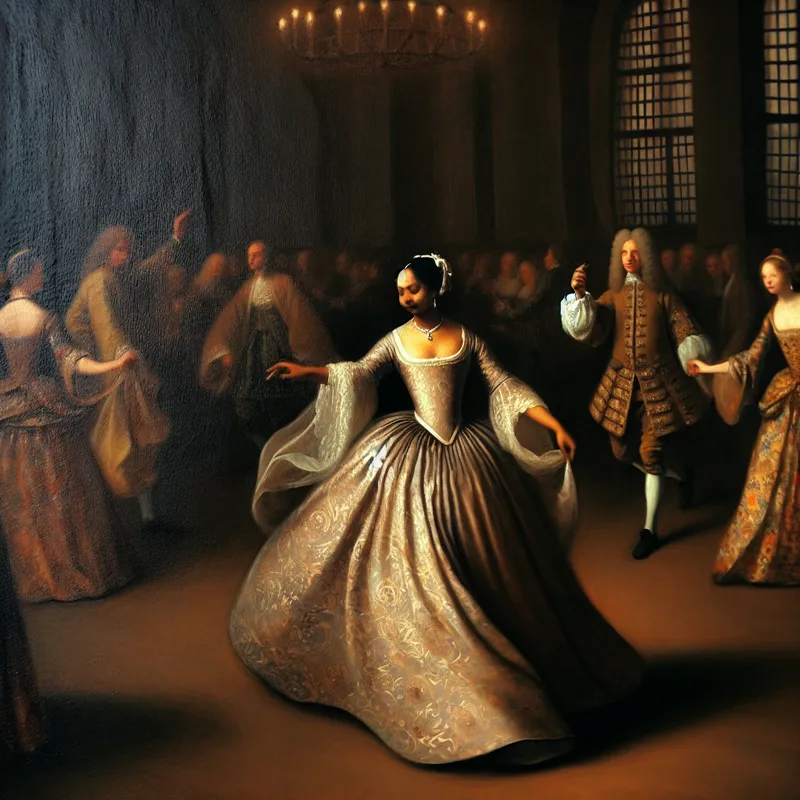 Elegante vrouw als koningin van de dansvloer in een verfijnd schilderij in de stijl van Gerard ter Borch, met weelderige stoffen en subtiele belichting