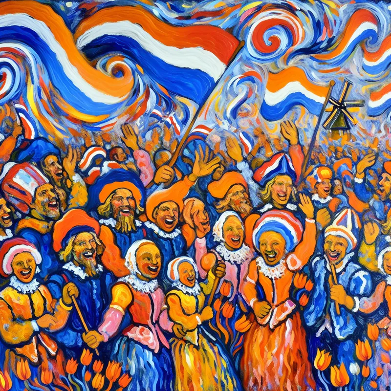 Abstracte voorstelling van een vrolijke Koningsdagviering met Nederlandse symbolen zoals tulpen, molens en oranje kleuren in de expressieve stijl van Karel Appel