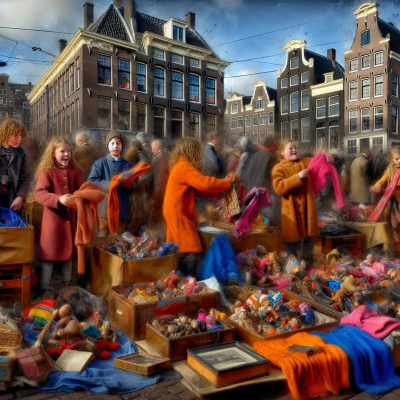 Een levendige straat scène tijdens Koningsdag in Amsterdam, met kinderen die hun speelgoed verkopen.