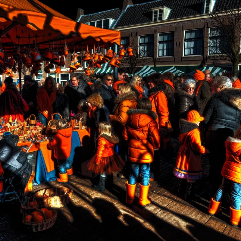 Boeiende Rembrandt-stijl Koningsdag markt met kinderen in oranje