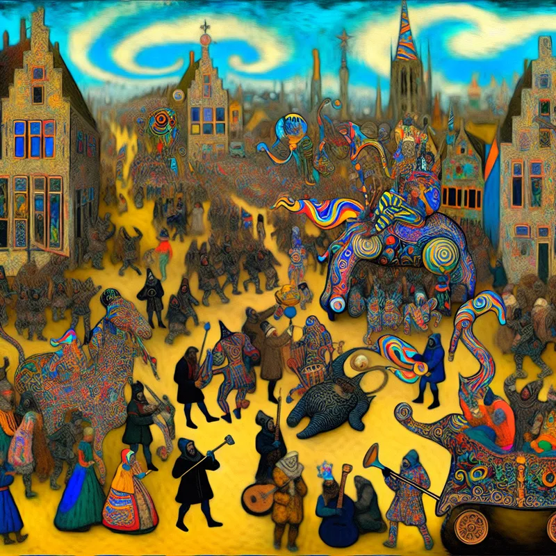 Vibrant Koningsdag viering in een Nederlandse stad in Bosch stijl