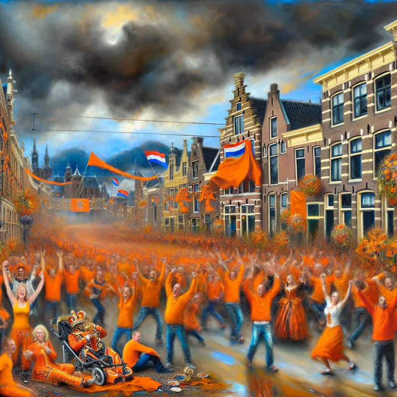 Vibrante straatscène tijdens Koningsdag in Nederland met mensen in oranje kleding, versierd met oranje banieren en traditionele architectuur op de achtergrond.