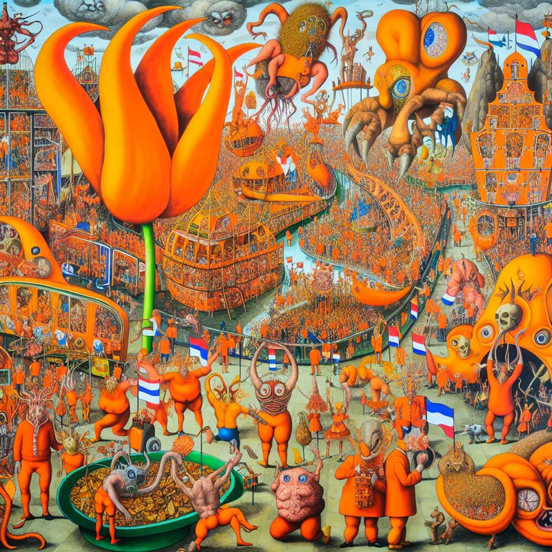 Surrealistische viering van Koningsdag in Nederland met mensen in oranje en fantastische wezens geïnspireerd door Hieronymus Bosch.